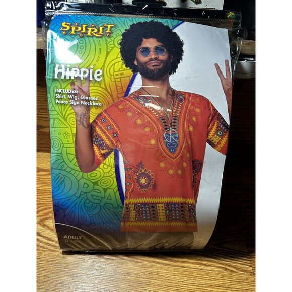 Spirit Halloween Mens Hippie Costume Shirt, Wig, Glasses, Peace Necklace Sz Med - Picture 1 of 2